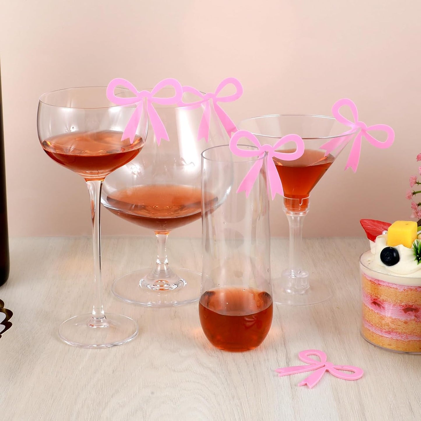 20 Pcs Pink Bow Drink Markers,Bows Drink Tags Coquette,Acrylic Bow Wine Glass Charms for Bachelorette Birthday Wedding Coquette Tasting Party Decor Accessory