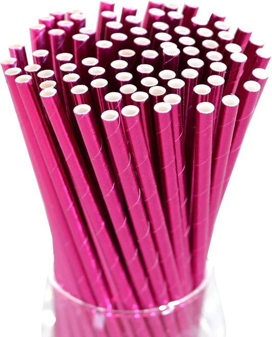 Paper Straws Party,Disposable Drinking Straws, 7.75 Inches, for Birthday, Bridal Party, Wedding, Shiny Rose Pink