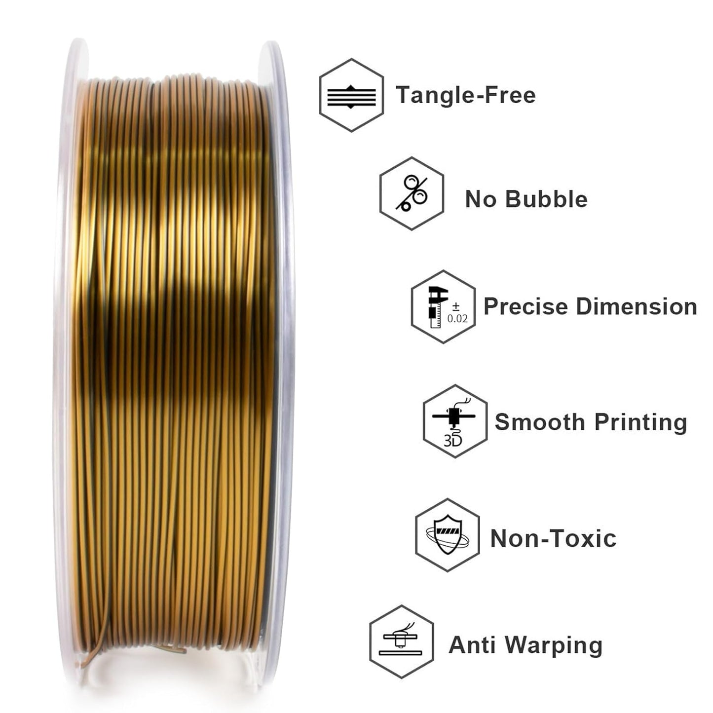 Geeetech Silk PLA Filament 1.75mm Silk Dual Color Filament, Coextrusion Dichromatic Metal-Like Shiny Consumable 1kg (2.2lbs) 1 Spool, Dimensional Accuracy +/- 0.02 mm, Gold Black