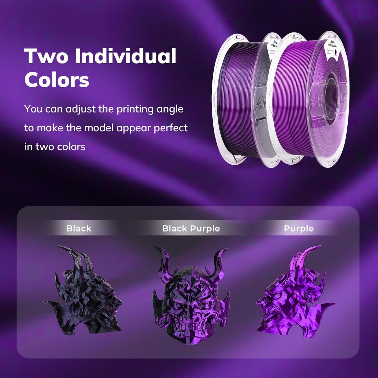 AMOLEN Silk PLA 3D Printer Filament, Shiny Dual Color Black Purple PLA 1.75mm, Multicolor Change 3D Printing Filament for Most FDM 3D Printer, 1kg Spool(2.2lbs)