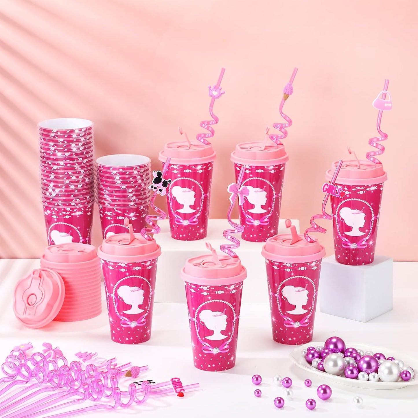 Yungyan 24 Sets Hot Pink Girl Party Favors Goodie Cups with Lids and Straws for Birthday Decorations Reusable 16oz Plastic Candy Cups Plastic Straws for Birthday Party (Pink Princess)