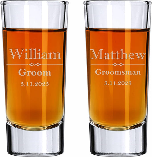 Custom Engraved Shot Glass – 2oz Tall Clear Glass – Personalized Gift for Wedding Party – Classic Etched Barware Keepsake for Groomsmen, Bridesmaids, and More (2)