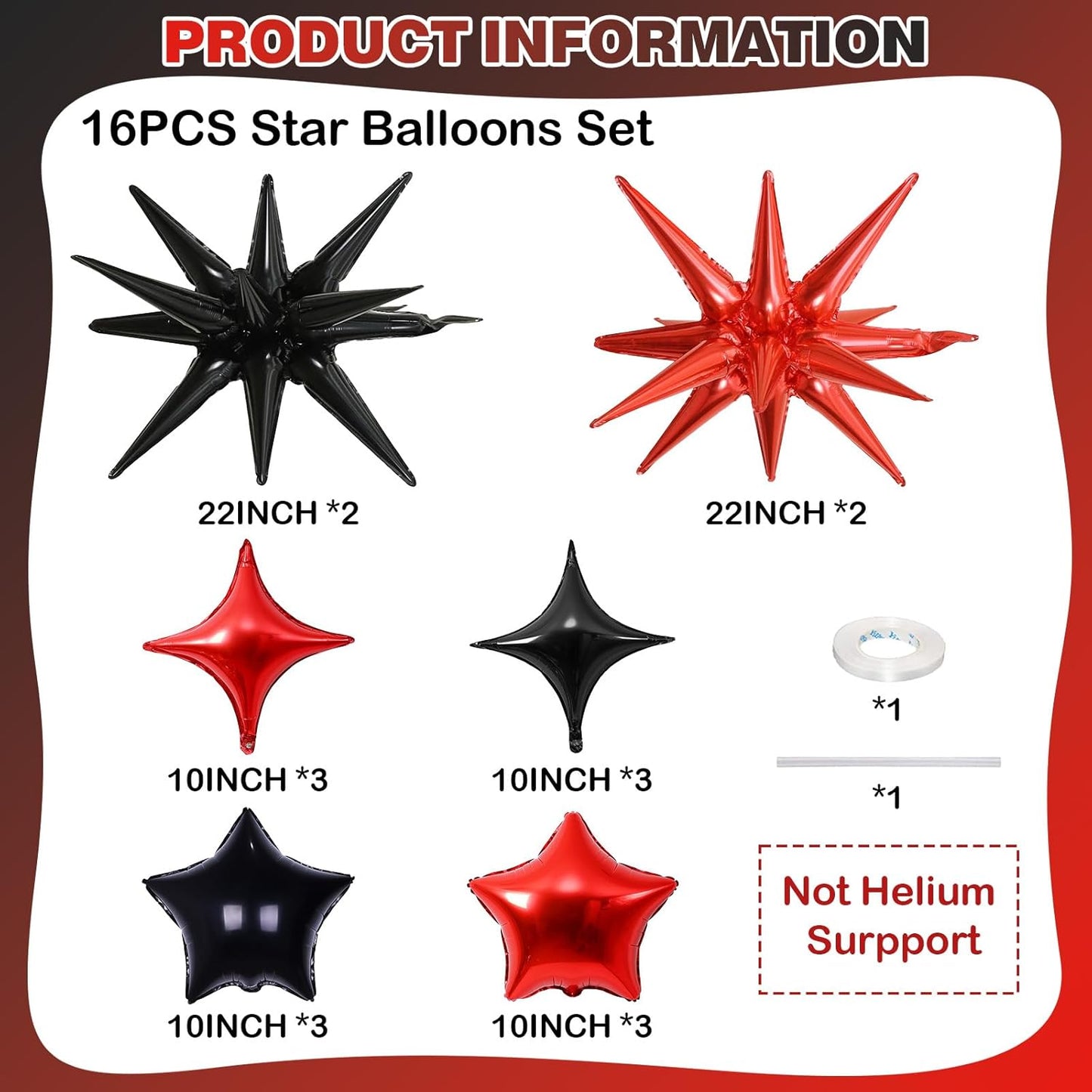 Red and Black Star Balloons, 22in Large Star Balloons Foil 10in 4-Pointed & Pentagram Balloon for Graduation Halloween Vampire Casino Movie Nights Birthday Party Decorations