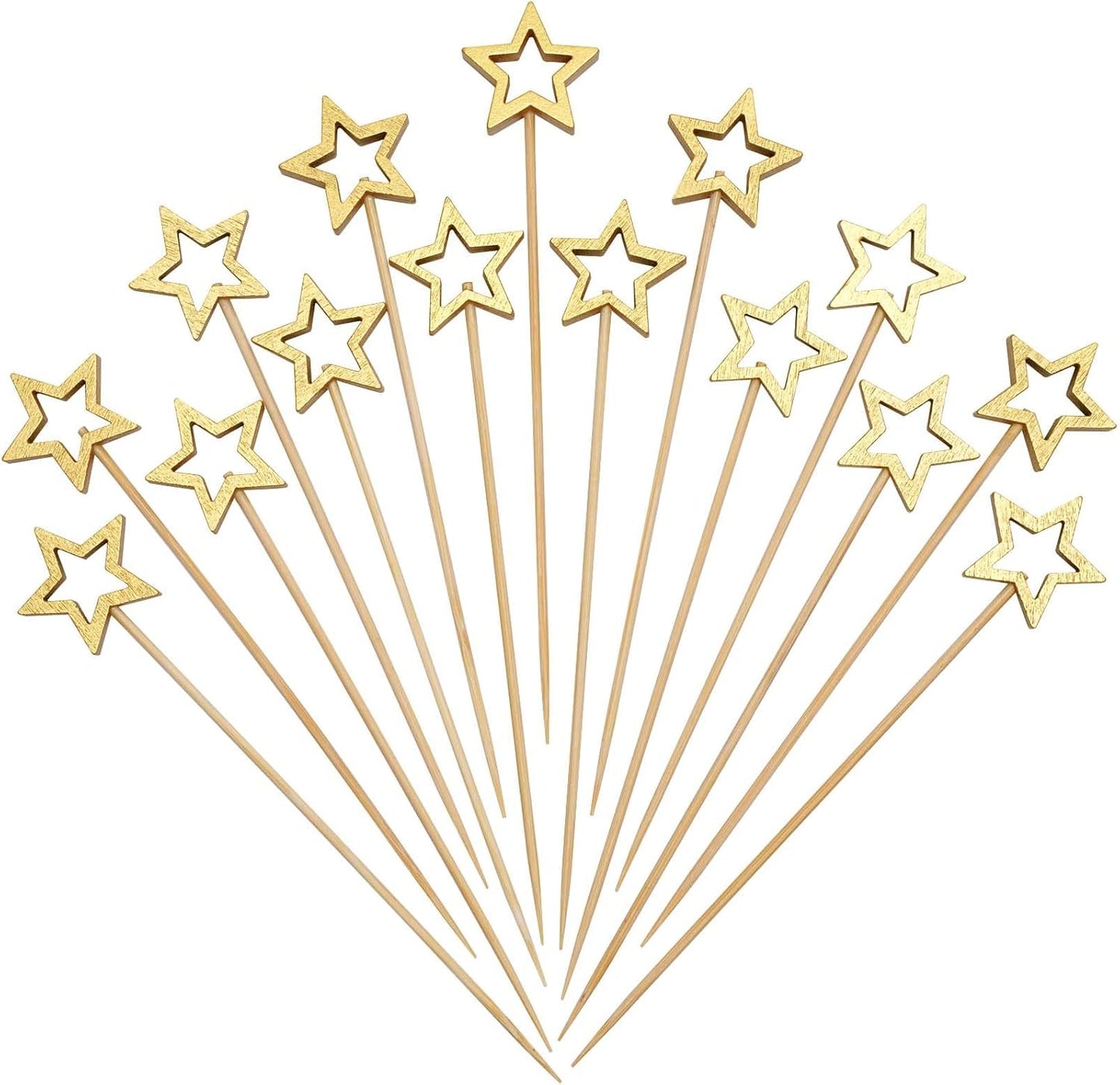 Minisland Big Gold Star Cocktail Picks, 5.5 Inch Long Bamboo Fancy Toothpicks for Appetizers, Decorative Christmas New Year Holiday Party Food Drinks Garnish Fruit Skewer Sticks 50 Counts - MSL430