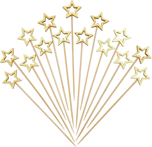 Minisland Big Gold Star Cocktail Picks, 5.5 Inch Long Bamboo Fancy Toothpicks for Appetizers, Decorative Christmas New Year Holiday Party Food Drinks Garnish Fruit Skewer Sticks 50 Counts - MSL430