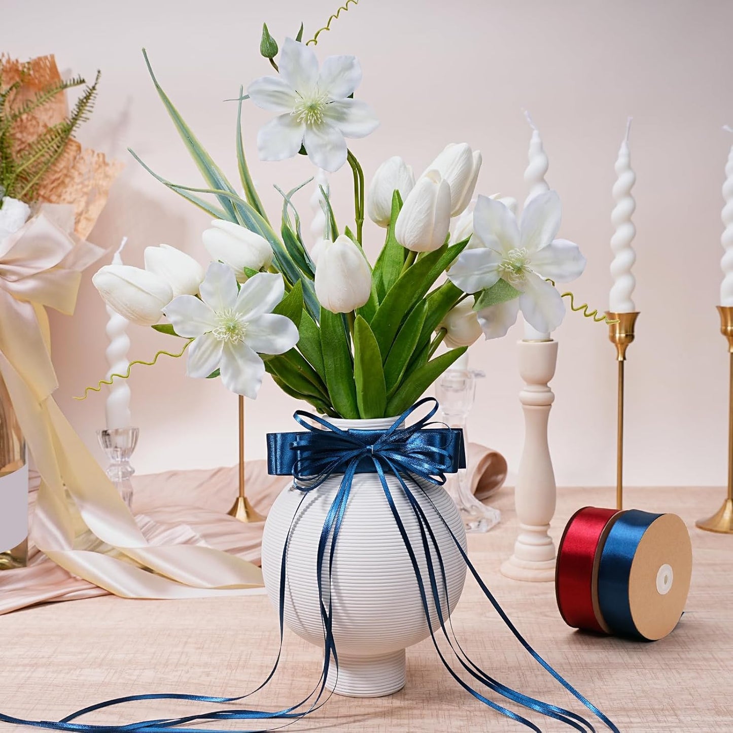 LaRibbons Navy Satin Ribbon 3/8 Inch 25 Yards Luxury Double Faced Blue Silk Ribbon for Flower Bouquet Crafts Gift Wrapping Wedding Party Graduation Decoration