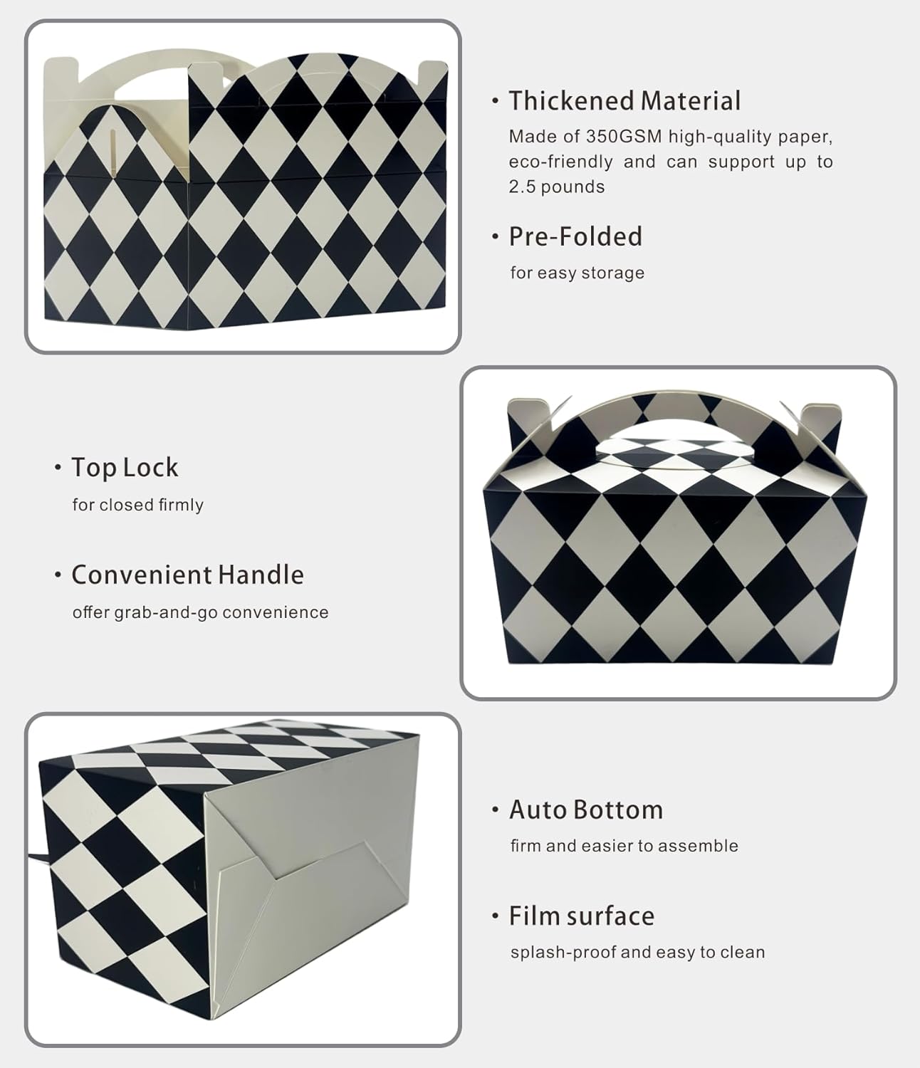 30-Pack Gable Treat Boxes with Handles, 6" Pop-Up Party Favor Gift Boxes for Birthday,Wedding,Baby Shower, Eco-Friendly Candy,Cookie,Goodie Bags for Kids, Bachelorette Decor(Black and White)