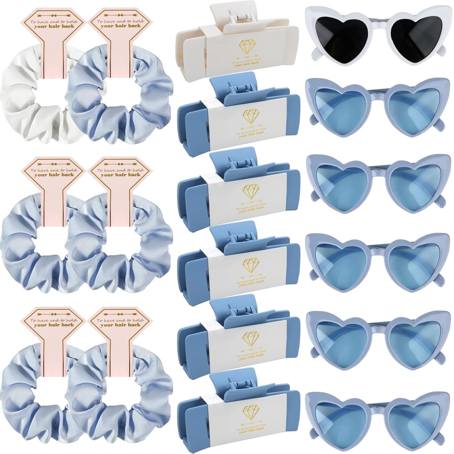Bridesmaid Scrunchies Proposal Gifts 4.1inch square Hair Claws Bachelorette Hair Clip heart sunglasses Girls gift for Wedding Party Favors (18pcs White&Dusty Blue)