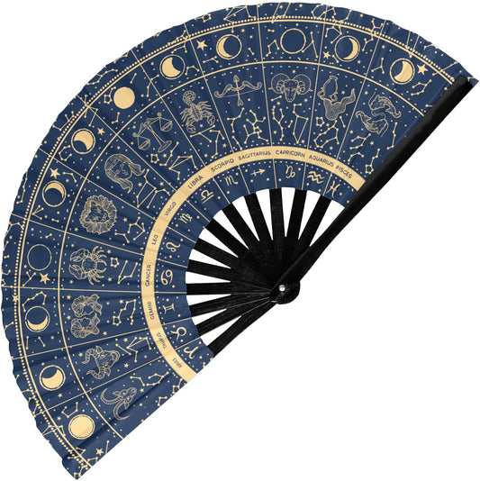 GloFX Rave Fan - Zodiac Signs - Large Folding Hand Fan Astrological Signs Designs for Festival Outfits, Cosmic Events - Perfect Accessory for Astrology Enthusiasts and Stargazers
