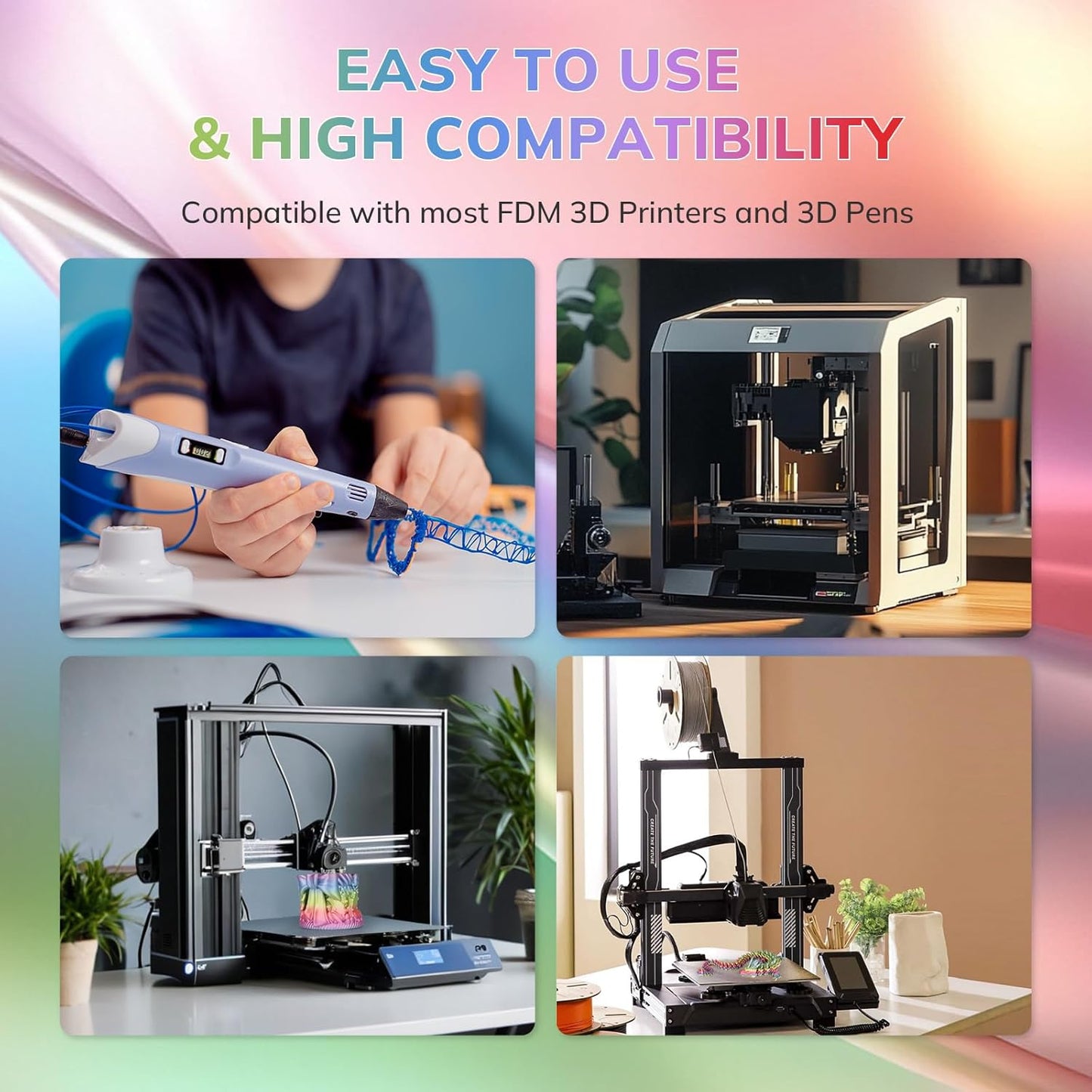 AMOLEN Silk PLA 3D Printer Filament, Shiny Multicolor Rainbow PLA Filament 1.75mm, Gradient Color Change PLA 3D Printing Filament for Most FDM 3D Printer, Pink Blue Purple Green Yellow, 1kg (2.2lbs)