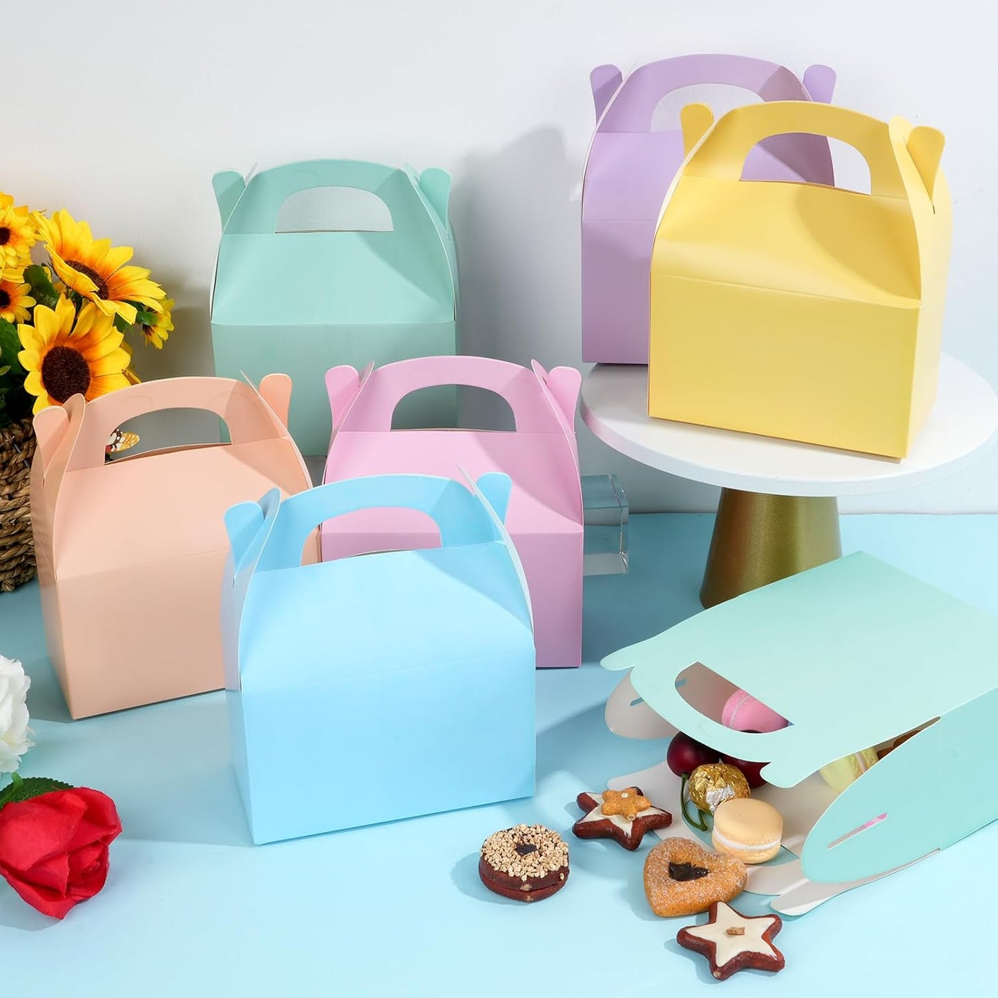 24 Pcs Pastel Party Favor Treat Boxes, Colorful Paper Candy Gift Gable Boxes for Party Favors, Pastel Goodie Box for Birthday Wedding Spring Easter Parties Supplies Decorations, 6 x 3.5 x 3 Inches