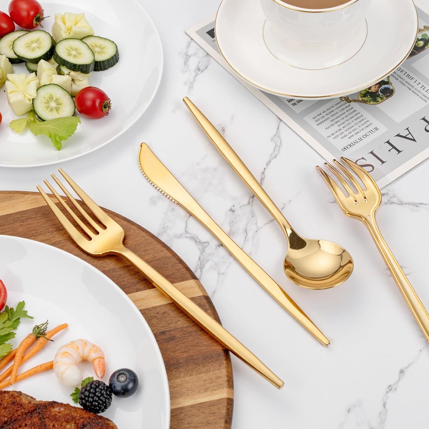 PULOTE 300PCS Gold Plastic Silverware Set Disposable - Heavy Duty Gold Utensils Set - Plastic Cutlery Disposable - Include 100 Knives, 100 Forks, 100 Spoons for Party & Wedding