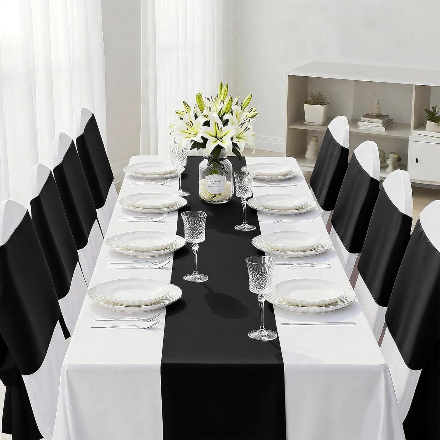 SHEJIZE 10 Pack Black Satin Table Runner 12x108 Inches Long, Bright Silky Smooth Satin Table Runner Table Decor for Wedding Banquet Christmas Prom Event Birthday Party