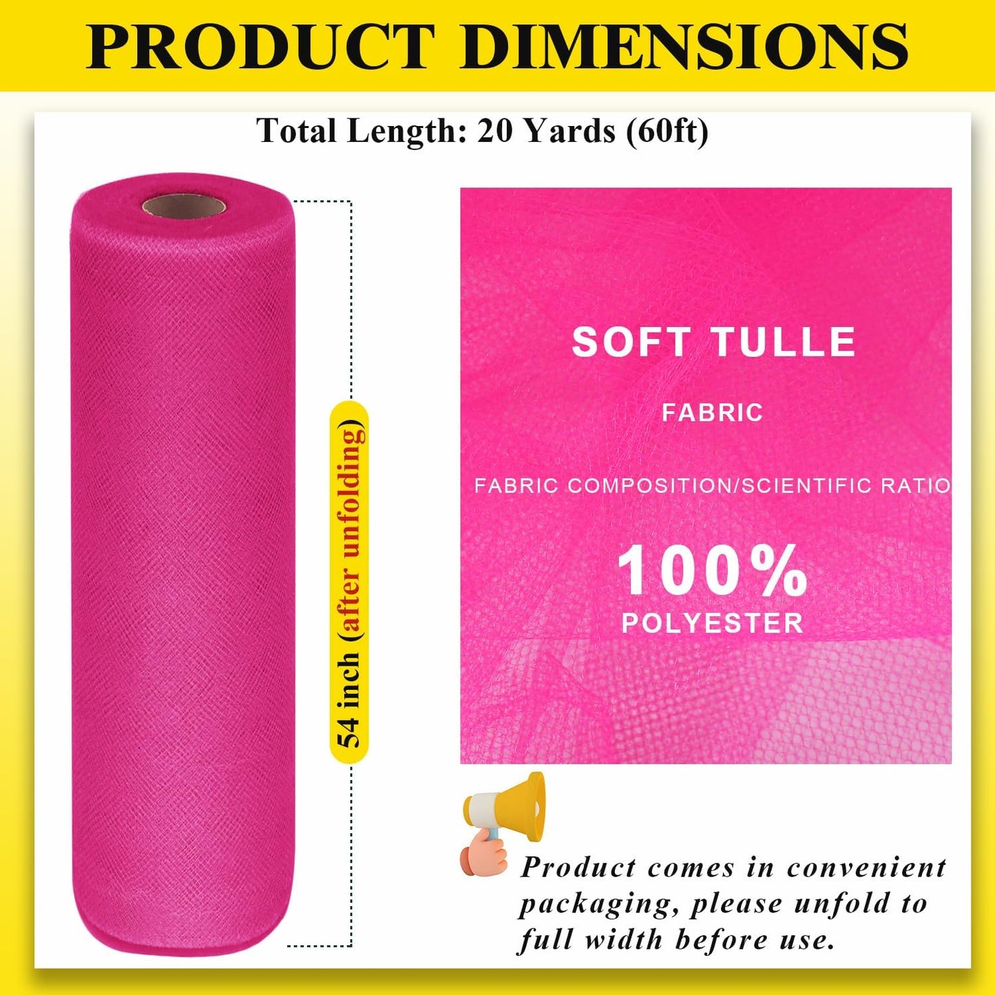 54" by 20 Yards Hot Pink Tulle Fabric Rolls - Tutu Spool Bolt for DIY Wedding Decoration, Baby Shower Tutu Skirt, Gift Wrapping - Large Matte Tulle, Roll Packaging (Fuchsia)