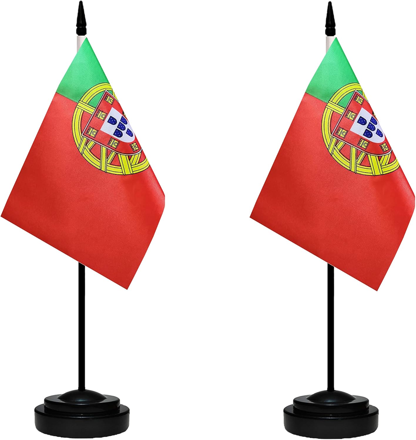 Portugal Portuguese Deluxe Desk Flag Set Small Mini Miniature Portugal Portuguese Table Desktop Flags With Solid Pole, Black Base and Spear Top(2 Pack)
