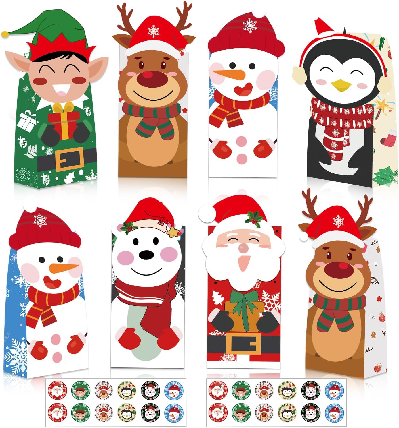 24PCS Christmas Treat Bags, 24PCS Christmas Stickers, Xmas Cookies Wrapping Gift for Classrooms Holiday Party Supplies