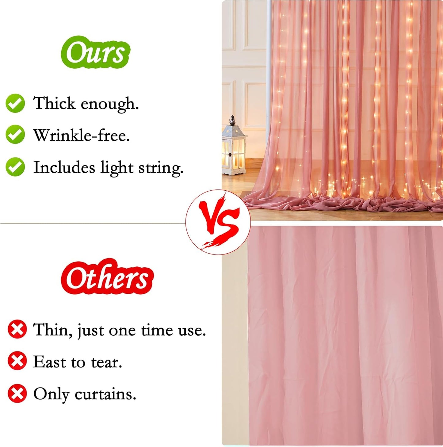 10ft x 7ft Dusty Rose Chiffon Backdrop Curtain with Lights String for Parites Wedding Wrinkle Free Curtain Photo Backdrops Drapes for Baby Shower Birthday Party Home Decorations