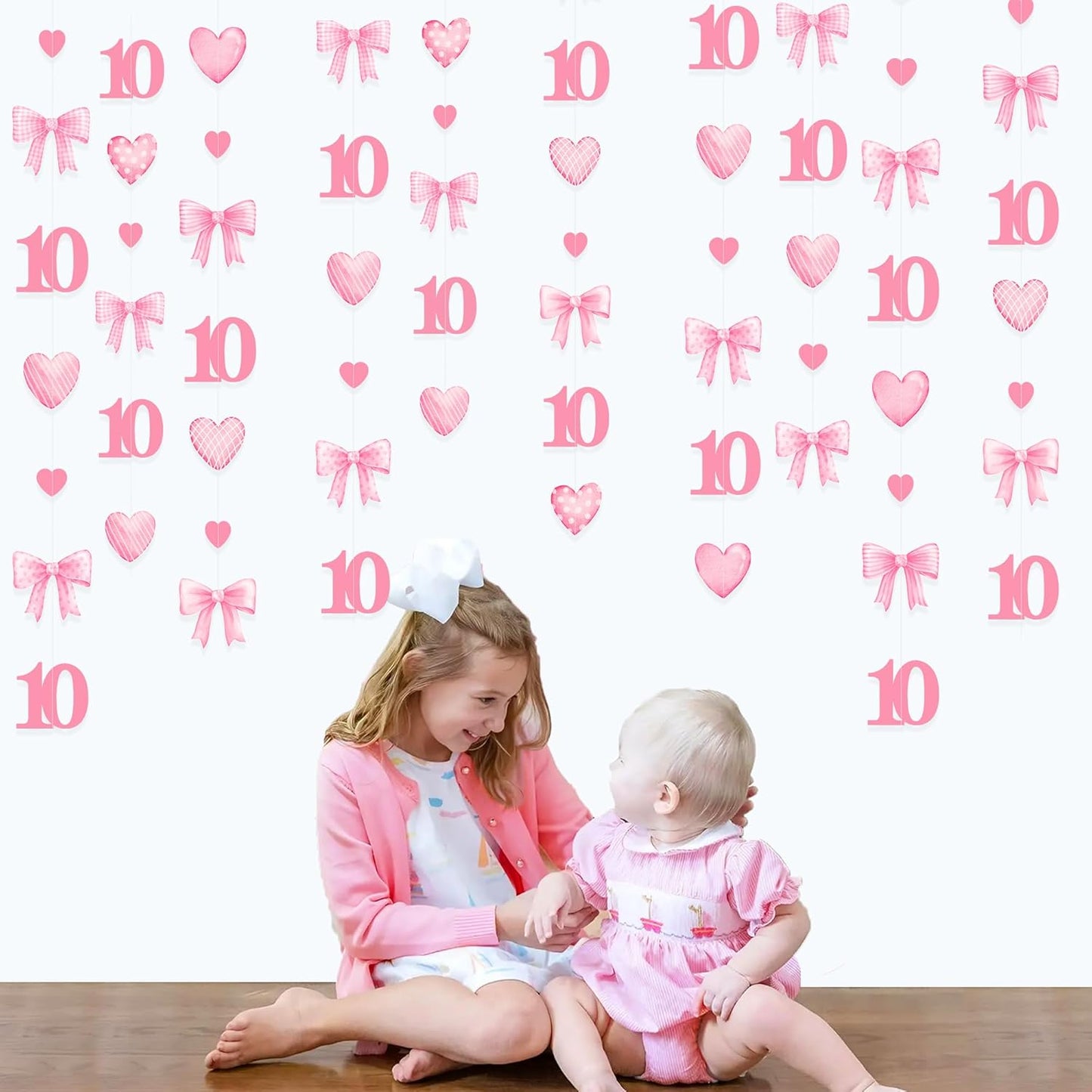 40Ft Pink 10th Bow Birthday Decorations Hot Pink Conquette Bow Heart Garland Streamer Banner for Girls Happy 10th Birthday Double Digits I'm 10 Cheers to 10 Years Old Anniversary Party Supplies