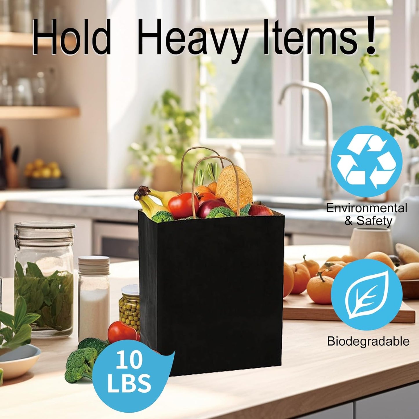 BAG BOX 100 Pack Medium 8.25x4.3x10.6 Inch Black Kraft Paper Gift Bags with Handles for Bulk Shopping, Retail, Craft, Party Favors, Wedding, Grocery & Sacks