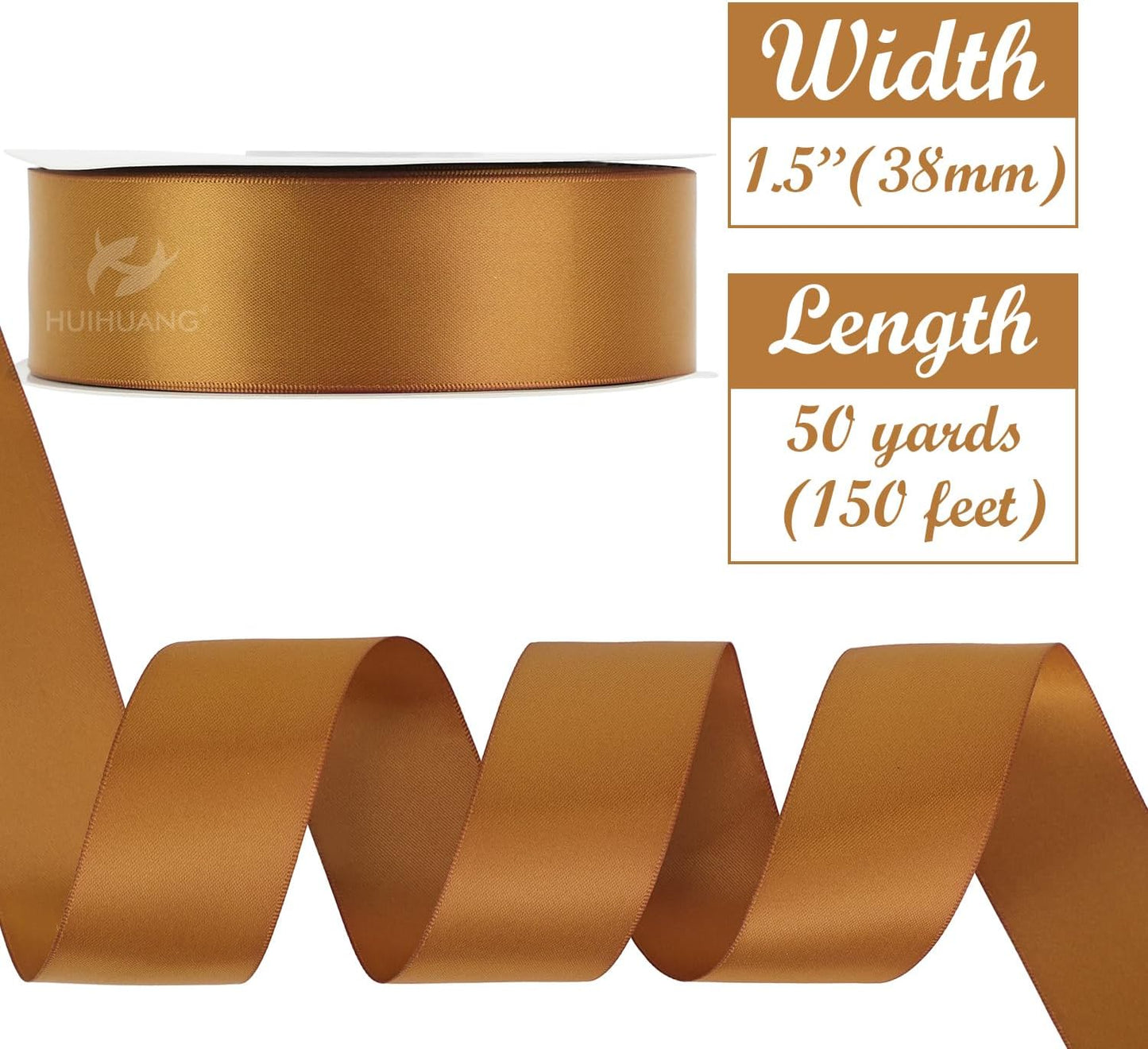 HUIHUANG Copper Ribbon Satin 1-1/2" Wide Double Face Polyester Satin Ribbons for Crafts, Thick Silk Ribbon for Gift Wrapping Hair Bows Floral Bouquet Cake Box Christmas Decor Party Favor - 50 Yards