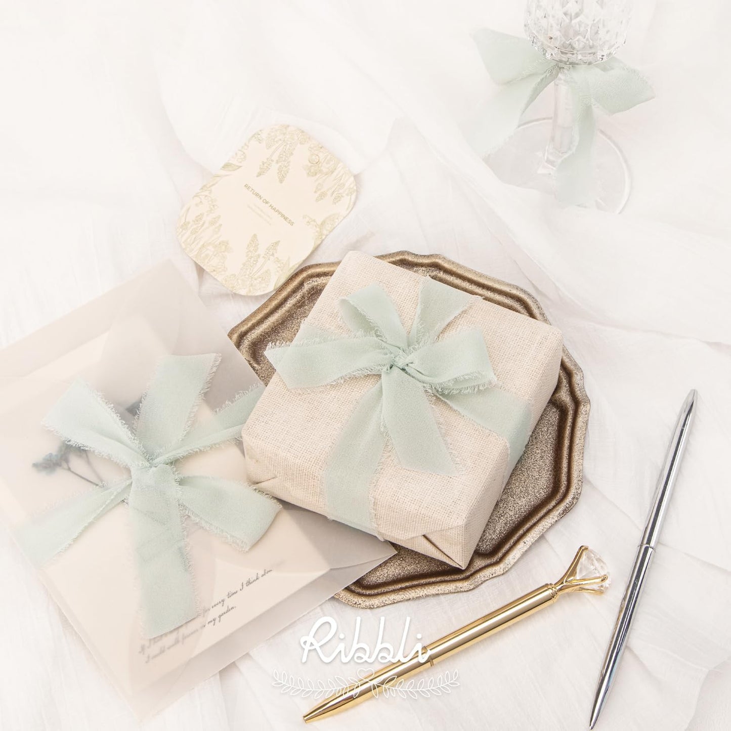 Ribbli Creamy Sage Ribbon 1 Inch x 3 Rolls Total 24 Yards Light Green Handmade Fringe Chiffon Silk Ribbon for Wrapping Wedding Invitations Bridal Bouquets DIY Crafts Home Decor