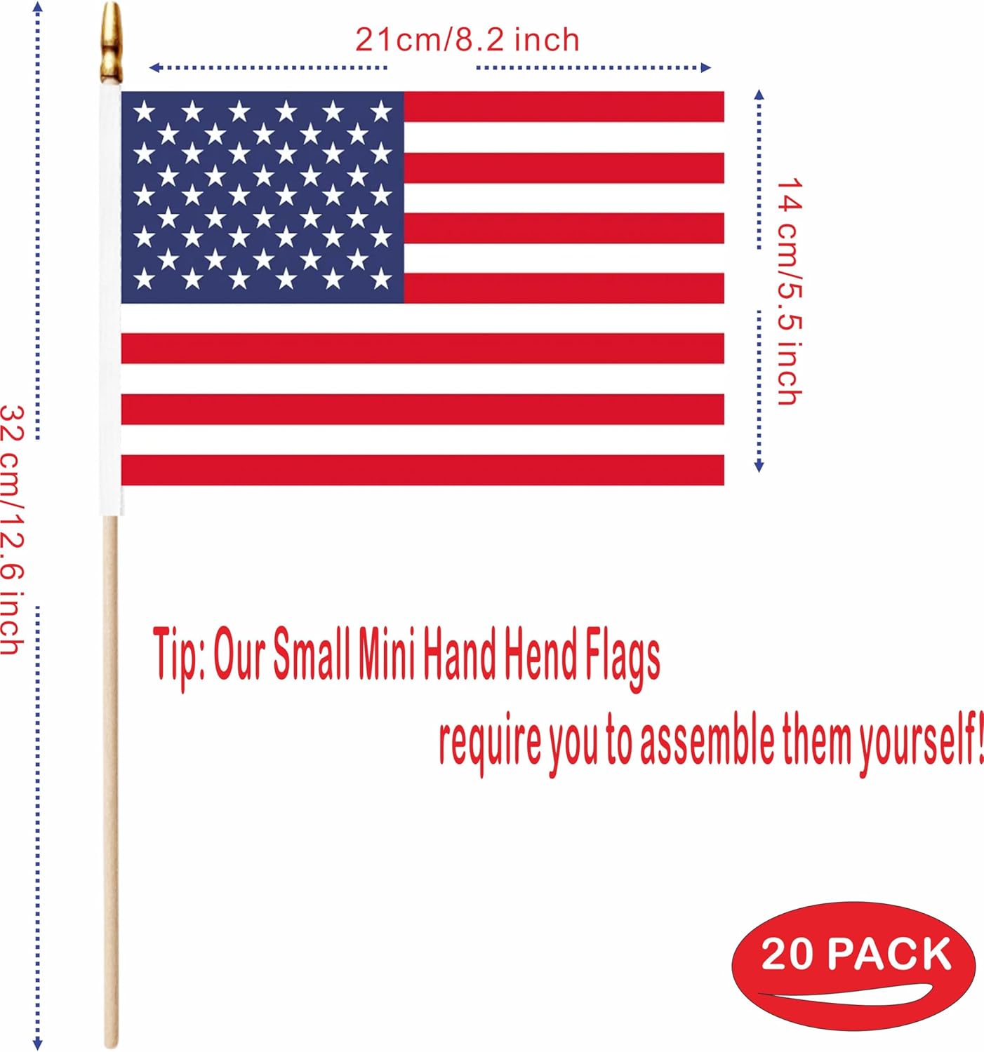 20 Pack US American Mini Stick Flags USA Small Miniature Handheld Flag Decorations,5x8 Inch