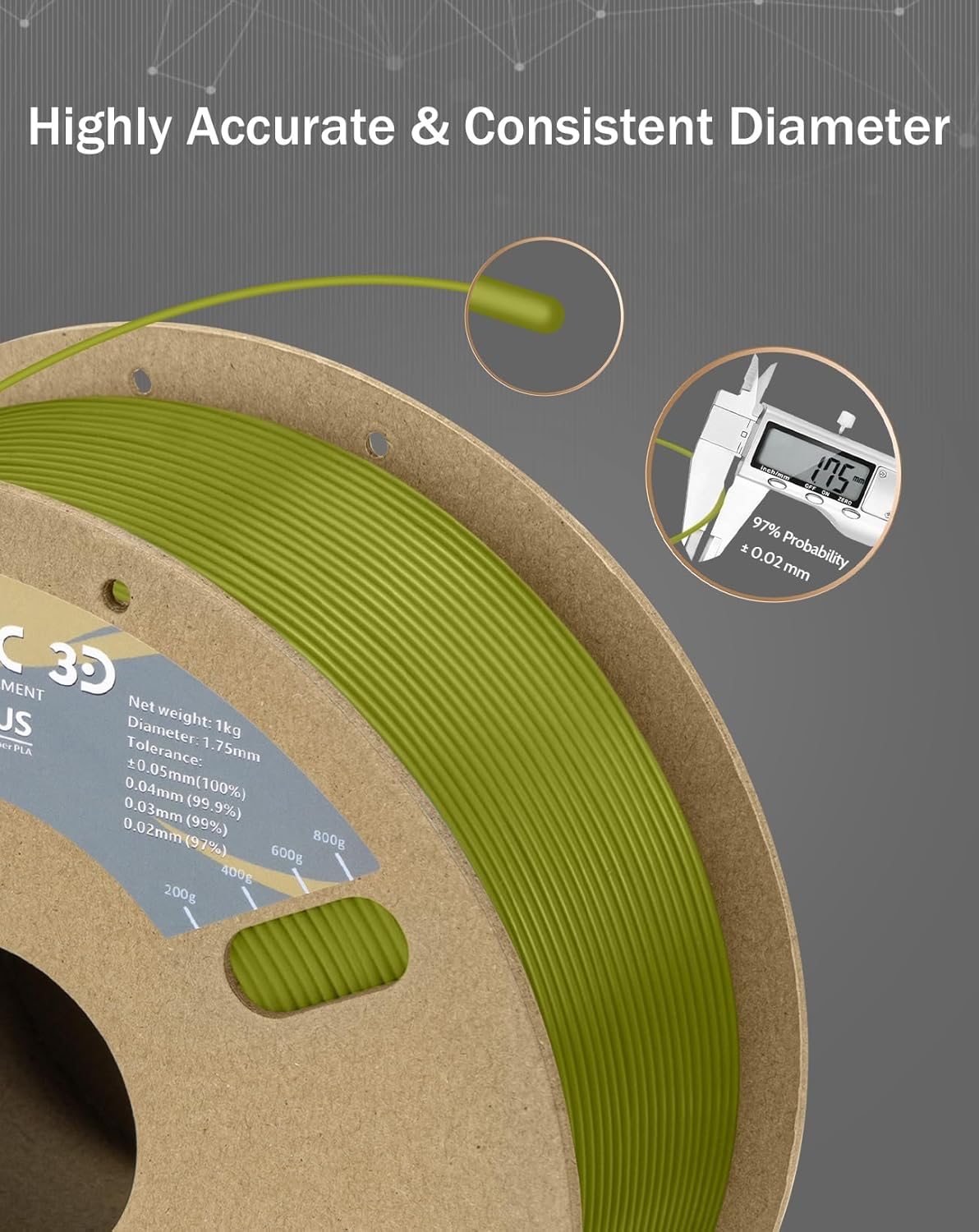 DURAMIC 3D PLA+ Filament 1.75mm 1Kg Brownish Green, PLA Plus Filament 1Kg Spool(2.2lbs) Tougher and Stronger, Dimensional Accuracy Probability +/- 0.02mm