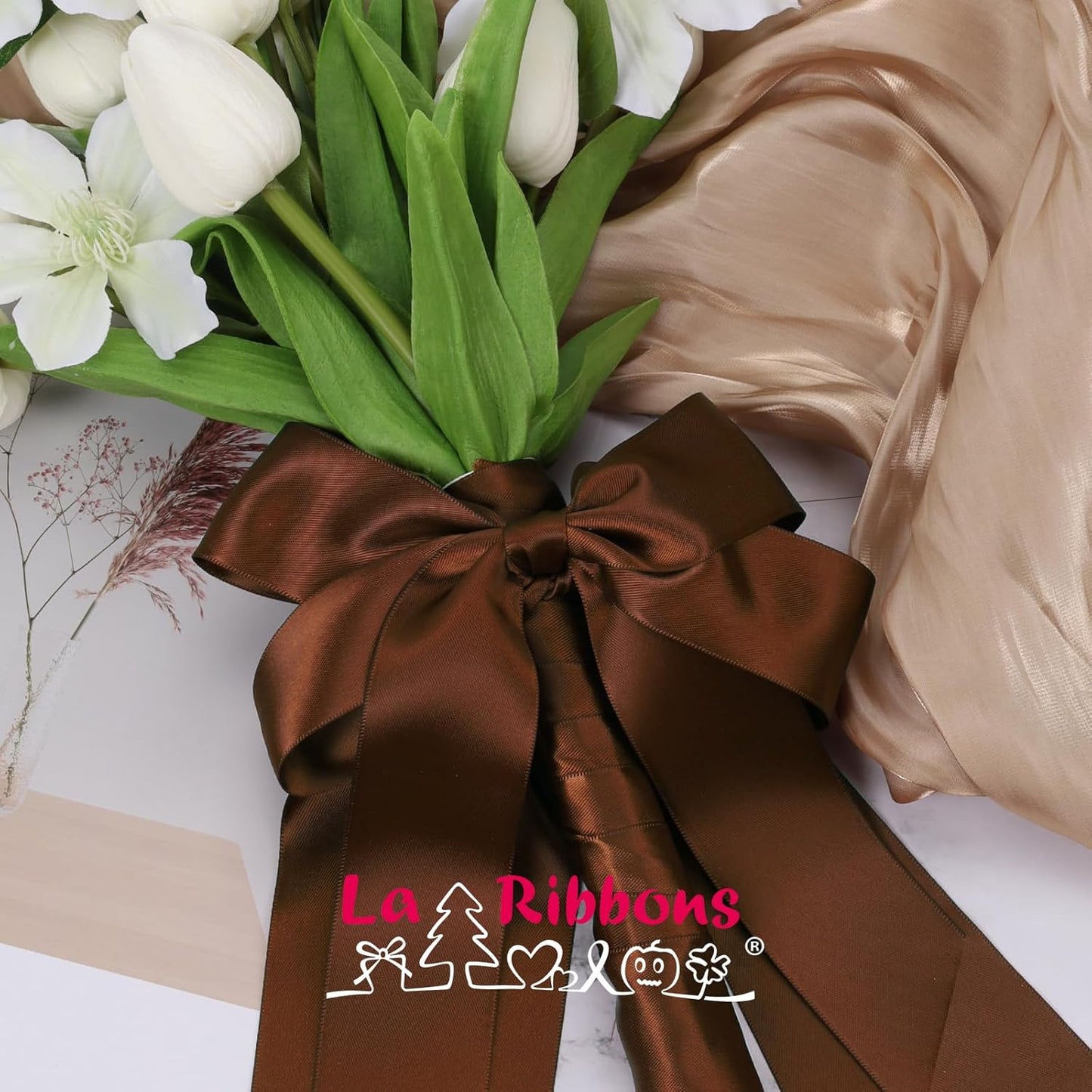 LaRibbons Brown Ribbon 1 1/2 Inch 25 Yards Double Faced Friar Brown Silk Ribbon for Flower Bouquet Crafts Gift Wrapping Wedding Party Decoration