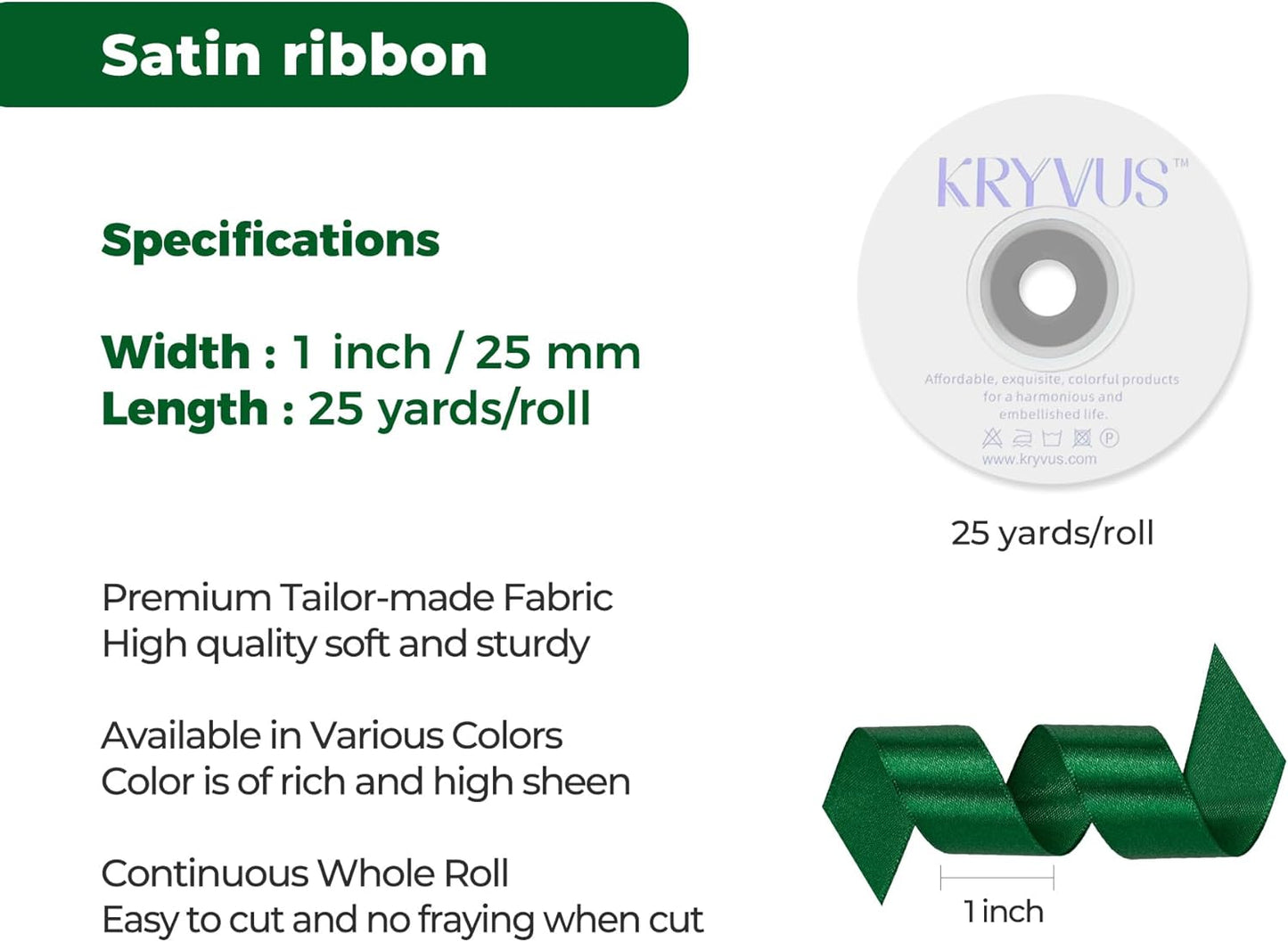 Green Satin Ribbon 1 inch X Continuous 25 Yards, Single Face Polyester Ribbon Perfect for Gift Wrapping, Flower Bouquet, Wedding Decor, Crafts, Bow Making, Sewing and More
