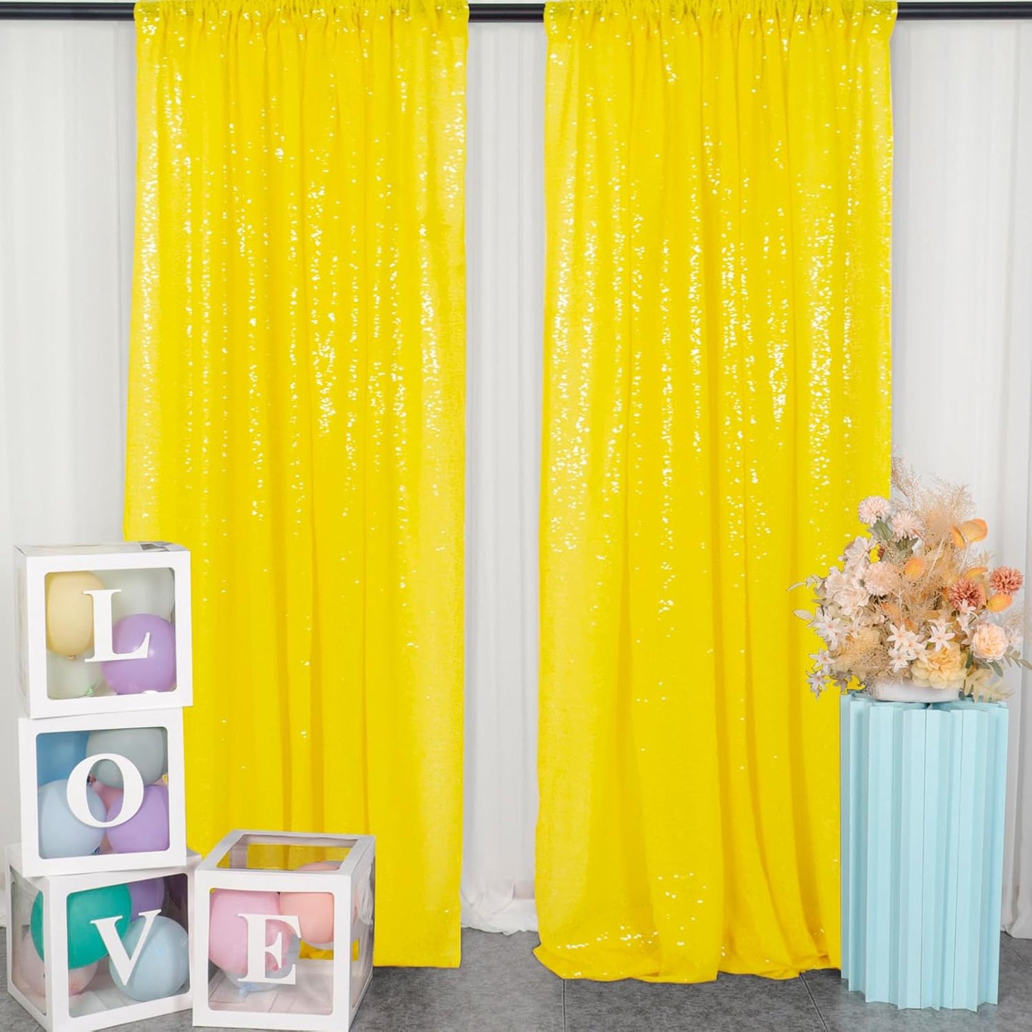 DUOBAO Sequin-Backdrop-Curtains 2 Panels 2FTx7FT Shower Backdrop Curtain Sequin Background Wedding Evening Backdrops Curtains with Rod Pockets Sequins Photo Photography(2FTx7FT, Yellow)