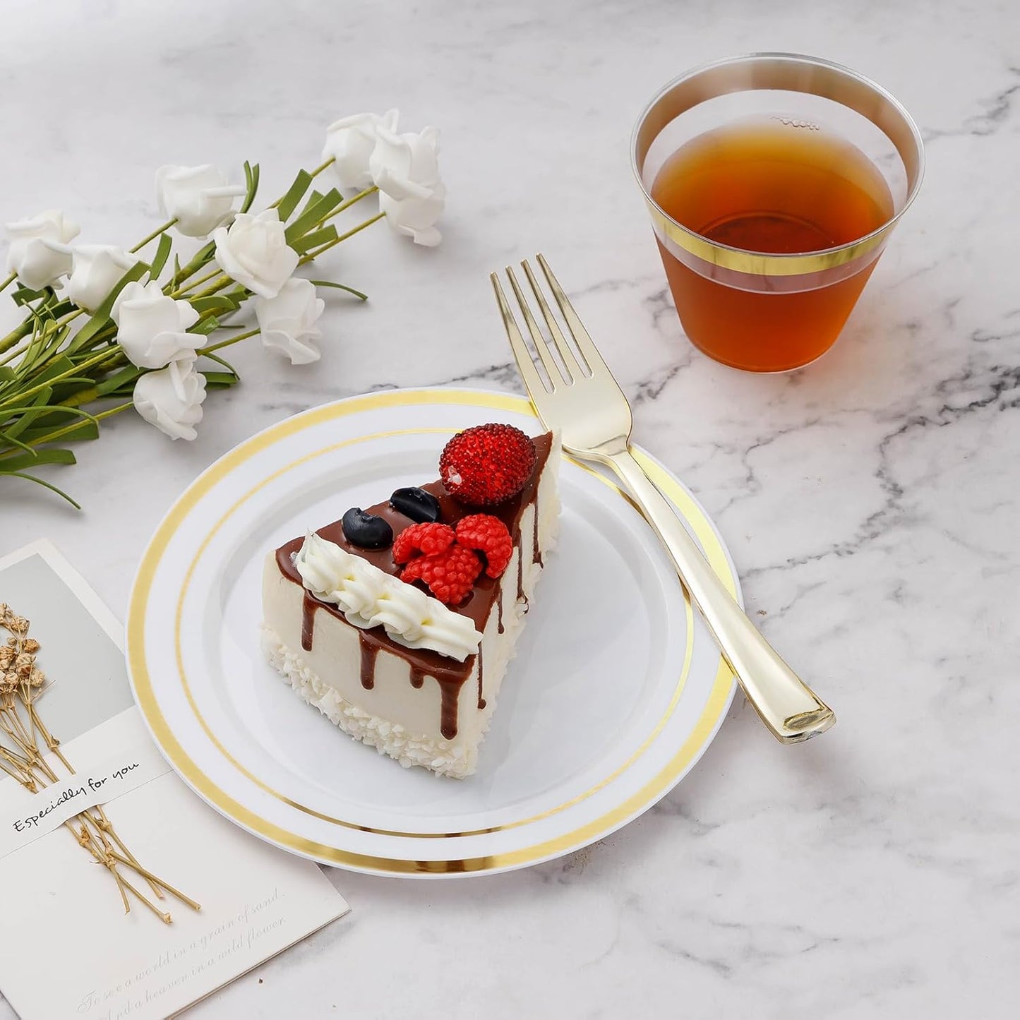 BESTVIP 600PCS Gold Dinnerware Set for 100 Guests, Plastic Plates for Party, 100 Gold Disposable Plates, 100 Dessert Plates, 100 Cups, 100 Spoons, 100 Forks and 100 Knives