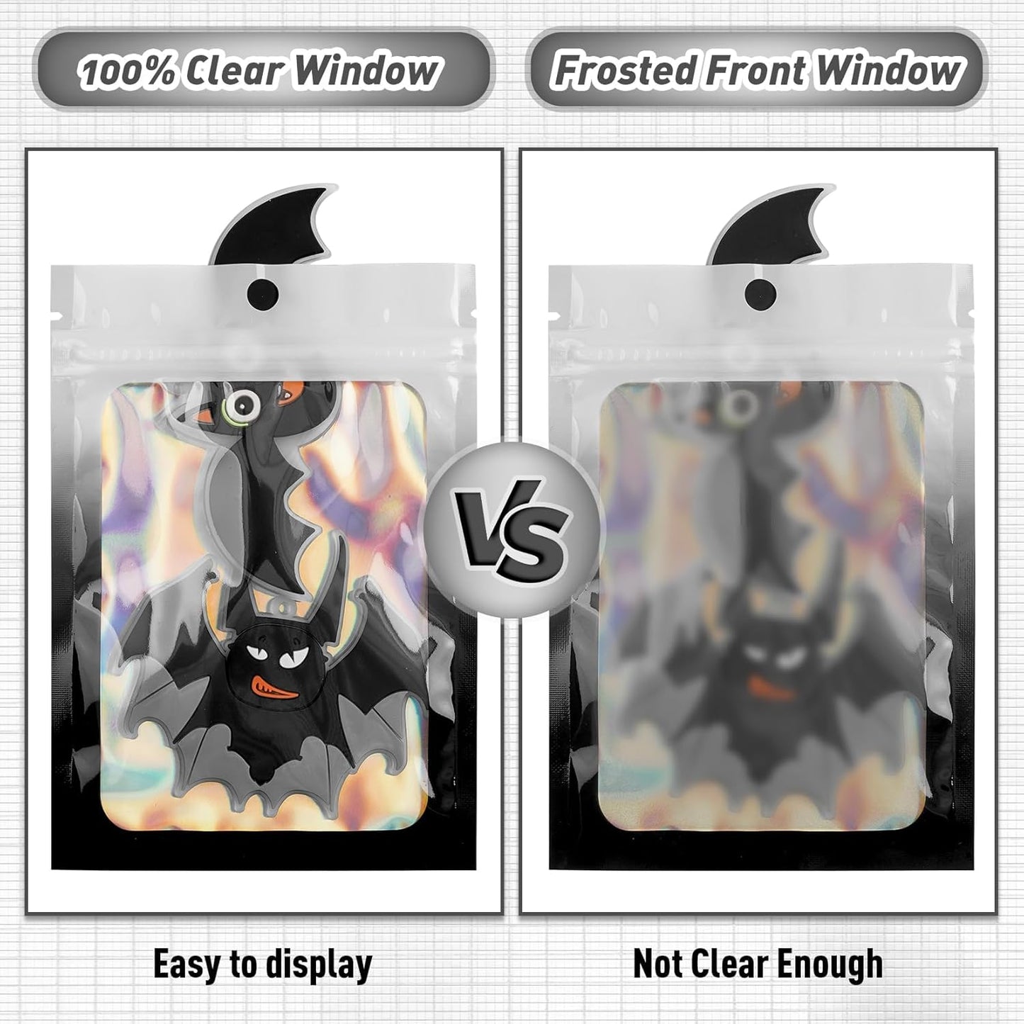 Funfery 100 Pack Gradient Holographic Bags,Resealable Bags with Zipper,Clear Window Packaging Pouchs,Foil Bag for Food Storage,Small Business,Sample Jewelry Bag(3×4.7In,White Black)