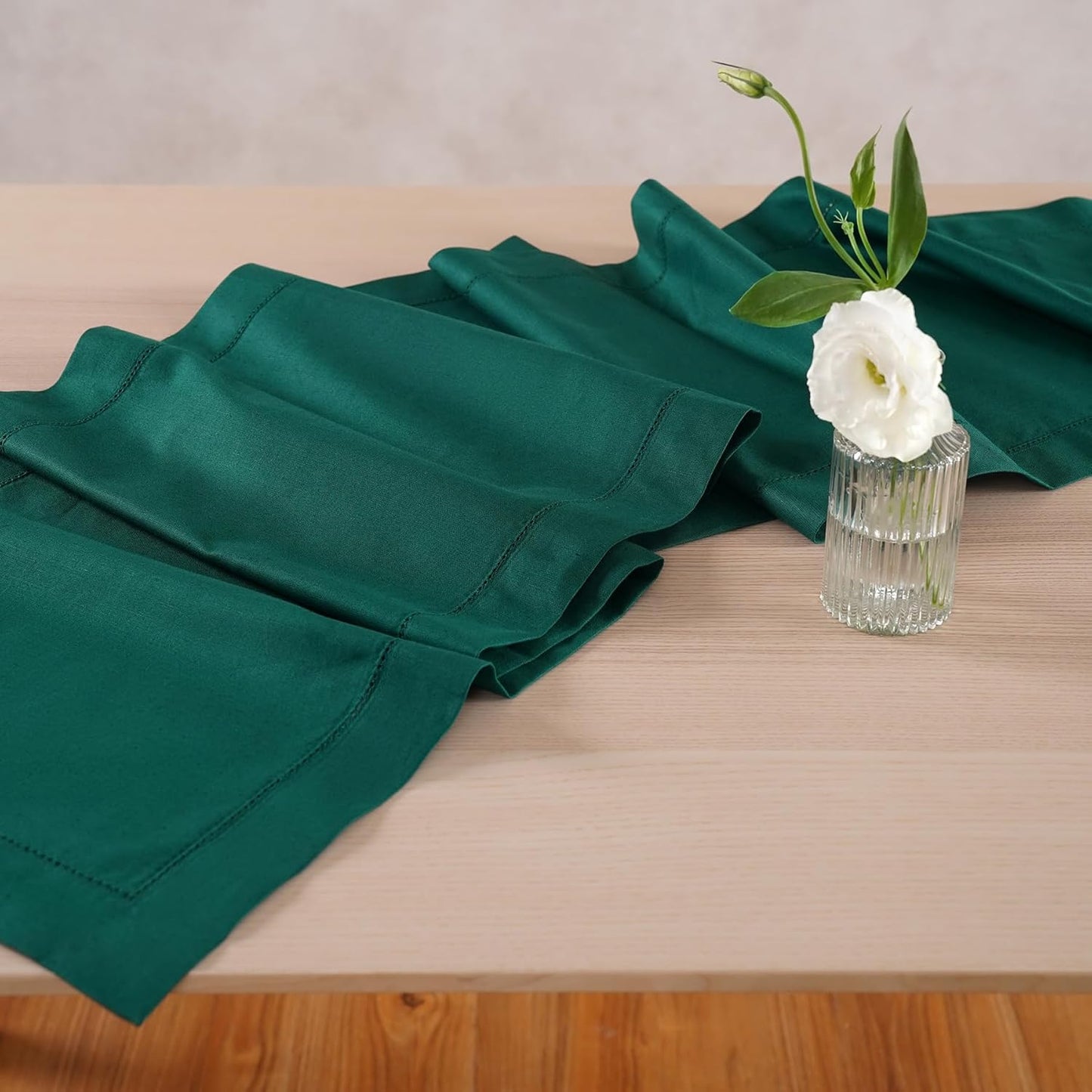 Green Table Runner 120 Inch – Cotton Linen Hemstitch Farmhouse Table Runner 14x120 – Washable Fabric for Dining Table, Spring, Summer, Wedding, Christmas, Everyday Décor – Serena