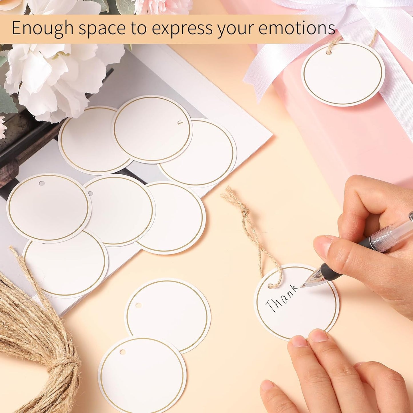 120 PCS White Gift Tags, 2'' Round Gift Tags with String Marking Hang Tag Writable Blank Tag for Presents Labeling DIY Craft Project Wedding Baby Shower Favors Stocking Stuffers
