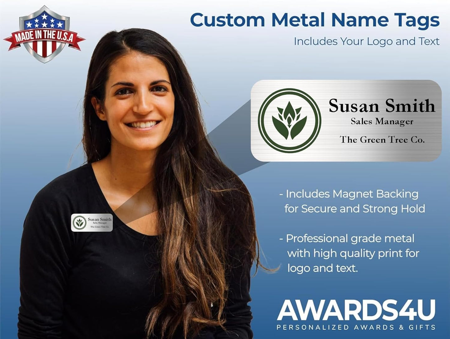 Custom Name Tag with Logo - Personalized Name Badge with Magnet Backing - Choose Your Size and Color (Silver Metal 3"x1.25" - Logo on Left)