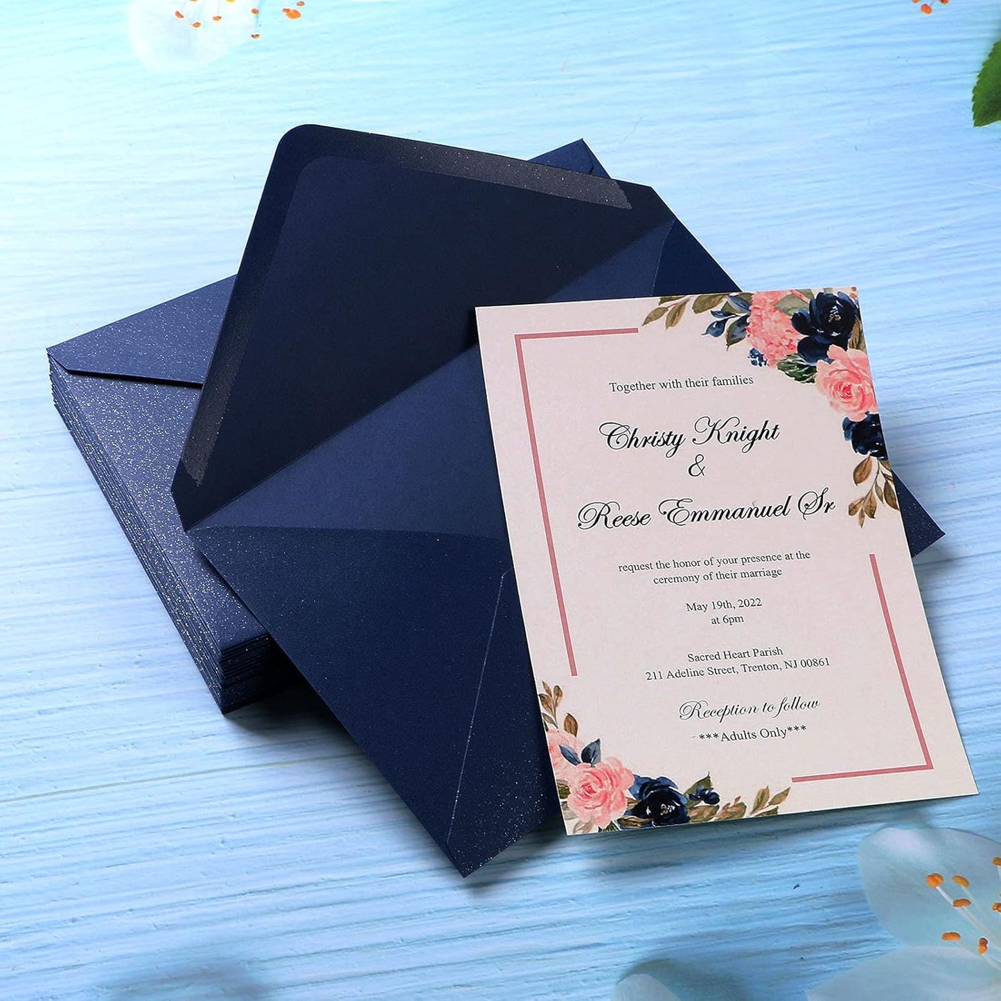 PONATIA 50 Pieces/Pack A7 Envelopes, 5.25 x 7.5'' Shiny Navy BlueEnvelopes for Invitations Cards, Perfect For 5x7'' Wedding Invitation Cards, Christmas Gift Cards Envelopes, 5x7'' Photograh