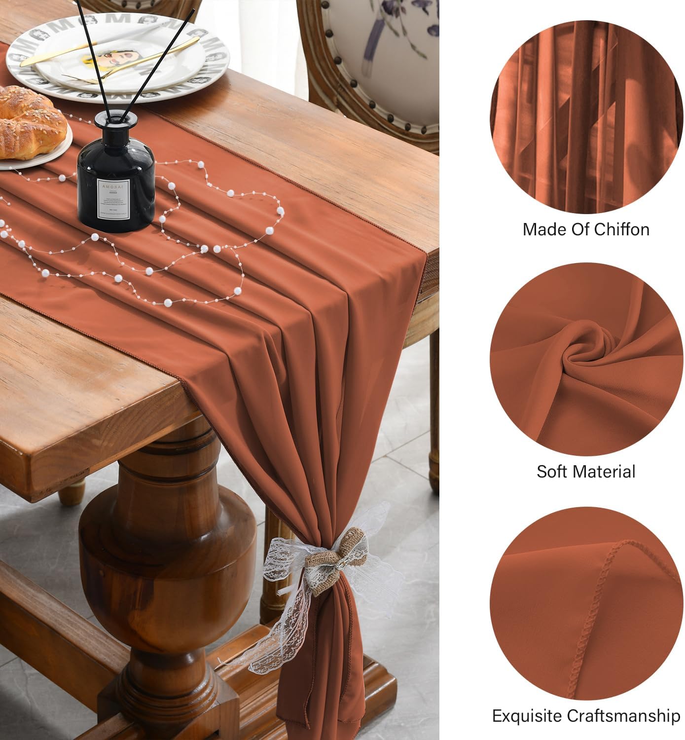 6 Pack 10 Ft Chiffon Table Runner Rust Gauze Long Table Runners 27x120 Inches Sheer Tulle Table Runner for Rustic Wedding Reception Bridal Shower Decorations Birthday Party