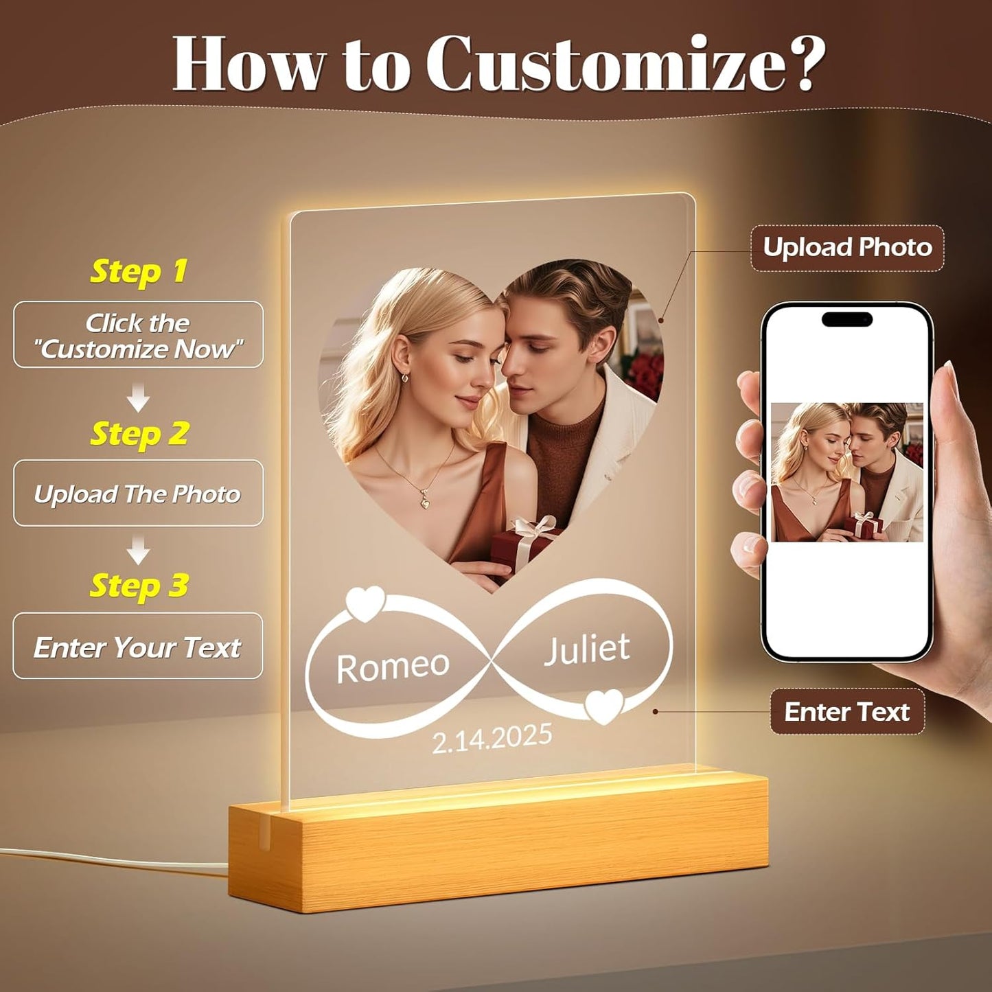 Custom Picture Frames with Photo, Personalized Photo Frame with Night Light, Customized Picture Frames, Personalized Anniversary Couple Gifts for Women, Men, Him, Her, Boyfriend, Girlfriend