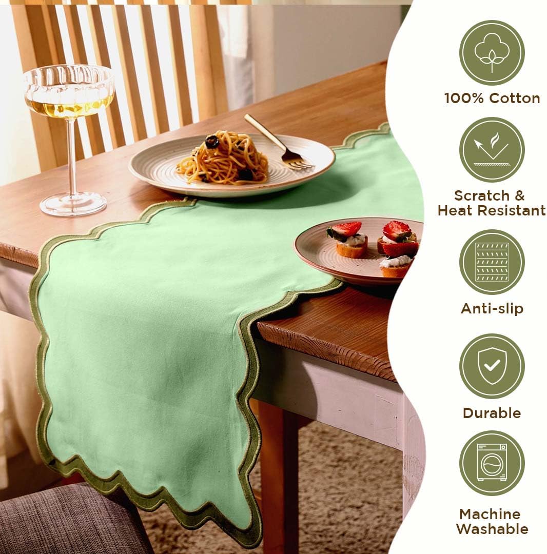 Folkulture Table Runner | Table Runners 108 inches Long | Scallop Table Runner for Farmhouse Decor or Boho Decor | Sage Green Table Runners for Dining Room Table Decor | Pastel Party Decorations