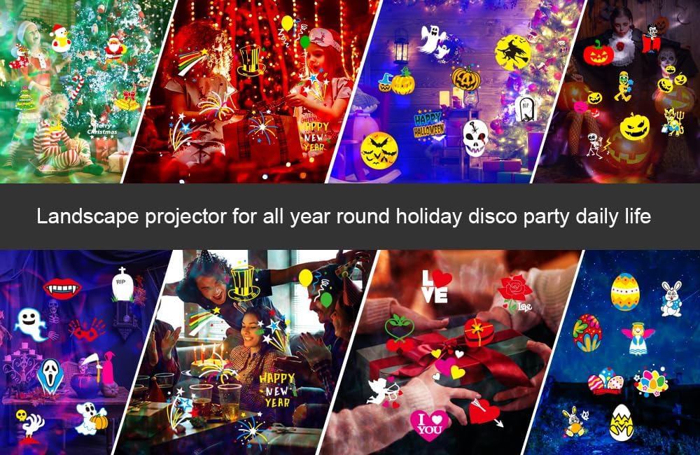 Holiday Projector Lights Outdoor, 2-in-1 HD LED Outdoor Projectors with Remote Control Timer, 3D Ocean Wave & 8 Patterns Waterproof Lanscape Lights for Indoor Valentine Xmas Halloween Holiday Party