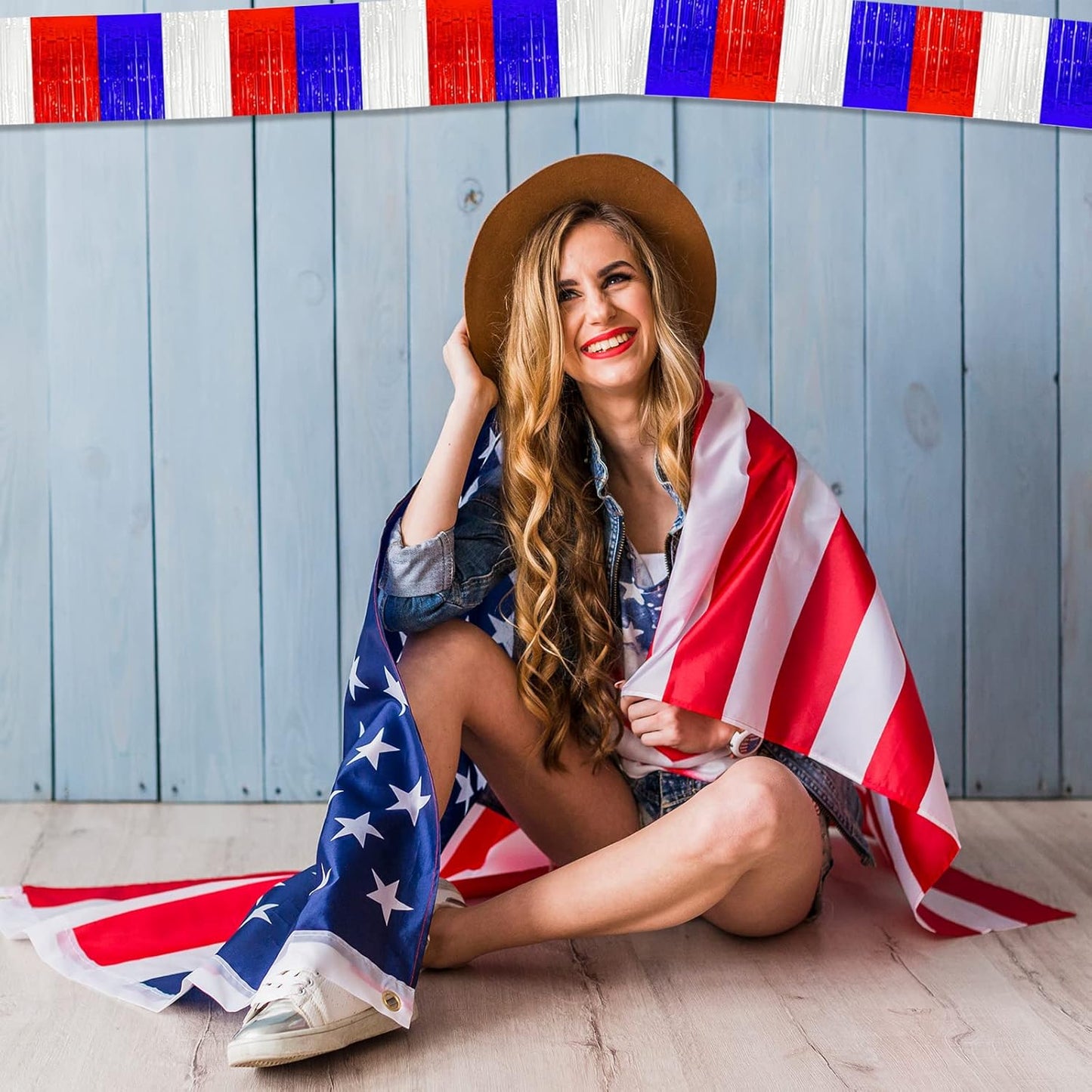 6 Pack 10 Feet White Blue Red Foil Fringe Garland Metallic Tinsel Streamers Banner Wall Hanging Backdrop Banner for Parade Floats, Thanksgiving, Christmas, Birthday, Halloween Party Decorations