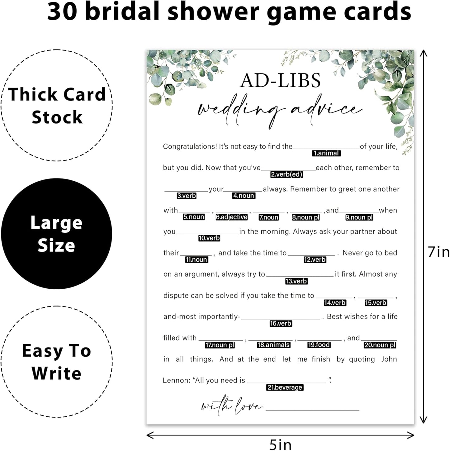 Eucalyptus Bridal Shower Game Cards - Ad-libs Wedding Advice and Wishes for The Mr and Mrs, Engagement Bridal Shower Games for 30 Guests, Wedding Advice Cards Set of 30, Activity Supplies & Favor/A04