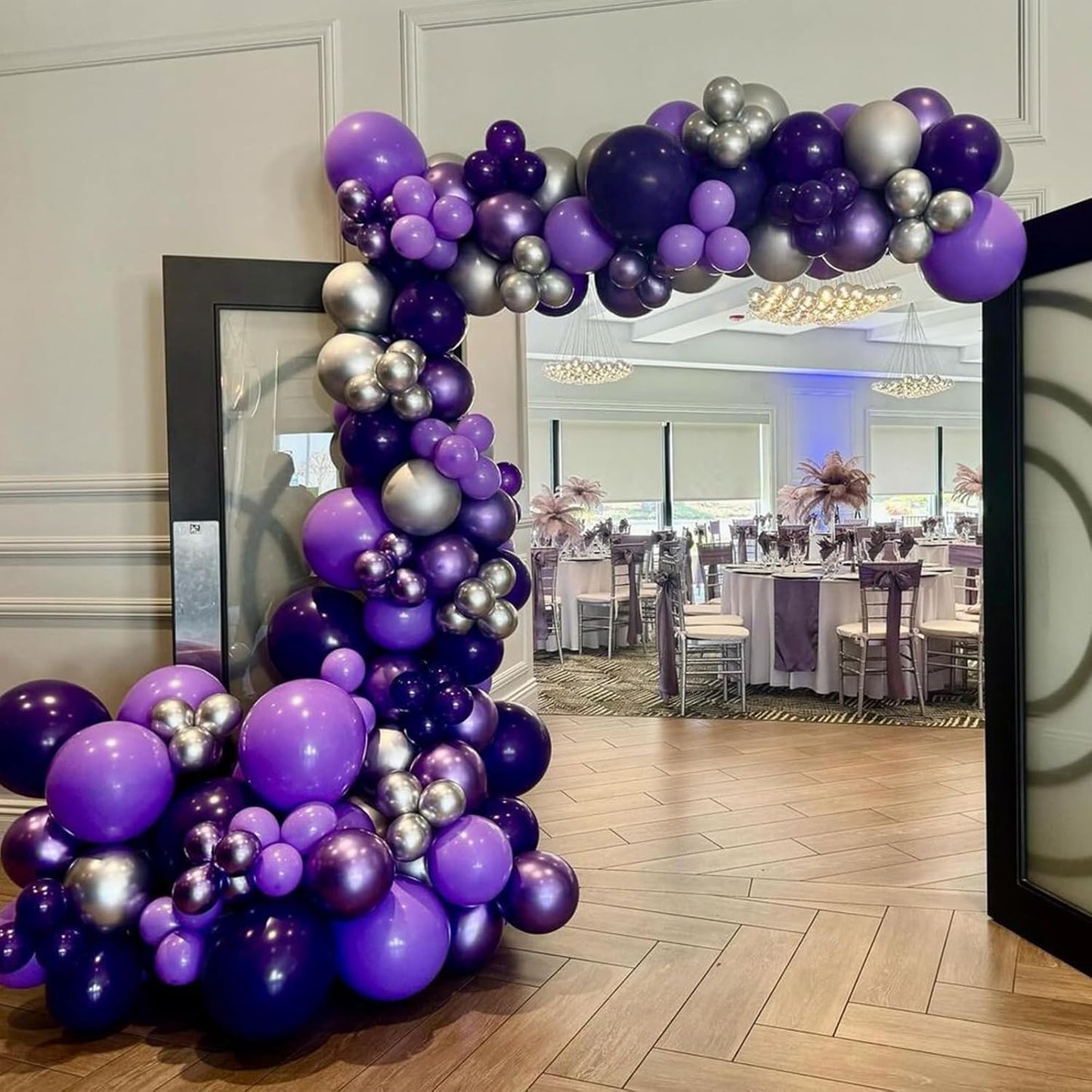 Purple Balloon Garland Arch Kit, Metallic Chrome Purple Balloons and Silver Balloons with Different Size for Birthday, Wedding, Baby Shower Decorations