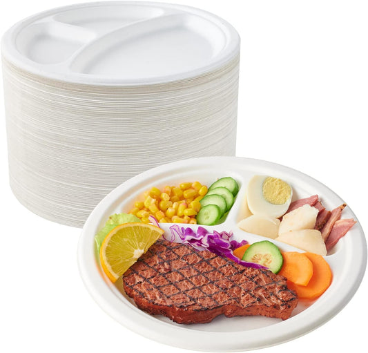 ECOLipak 150 Pack Compostable 3 Compartment Plates, 10 inch Heavy-Duty Disposable Biodegradable Sugarcane Bagasse Paper Plates for Party Dinner