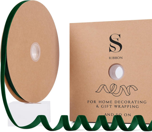 Dark Green Christmas Velvet Ribbon for Tree, Gift Wrapping, Flower Bouquet, Wreath Decorations, Bow Making 3/8'', 25 Yards