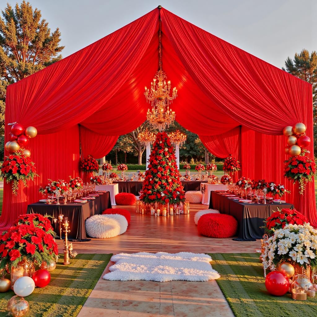 PartyVillage 2 Panels 5ftx30ft Red Ceiling Drapes for Wedding Parties – 30 FT Extra Long Thick Polyester Wrinkle-Free Drapery Tent Decor Decorations for Birthday Party Ceremony Stage Swag
