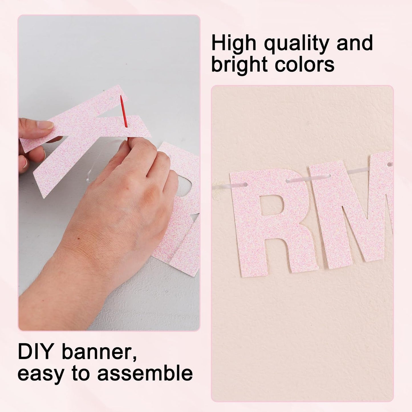 BEISHIDA 116 PCS Glitter Color Pink DIY Letter Banner Kit Make Your Own Banner，Including 111 Letters and Numbers 3 Rope and 4 Threading Device,Customized for Birthday Graduation Wedding Party Decor