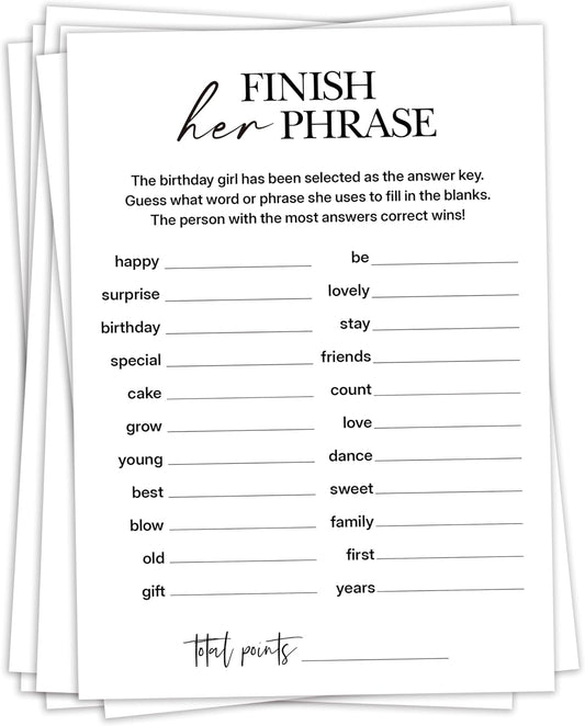 Birthday Party Games, Finish Her Phrase, 25 Pcs Card Set for Guests, Fun Birthday Game for Teen Adults – A01