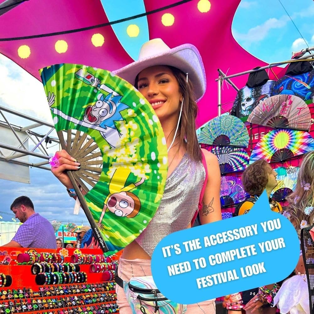 Kandies World UV Reactive Custom Festival Folding Hand Fan - Unique Designs, Made of Bamboo, Clacking Sound, Lightweight - Perfect Rave and Festival Accessory!