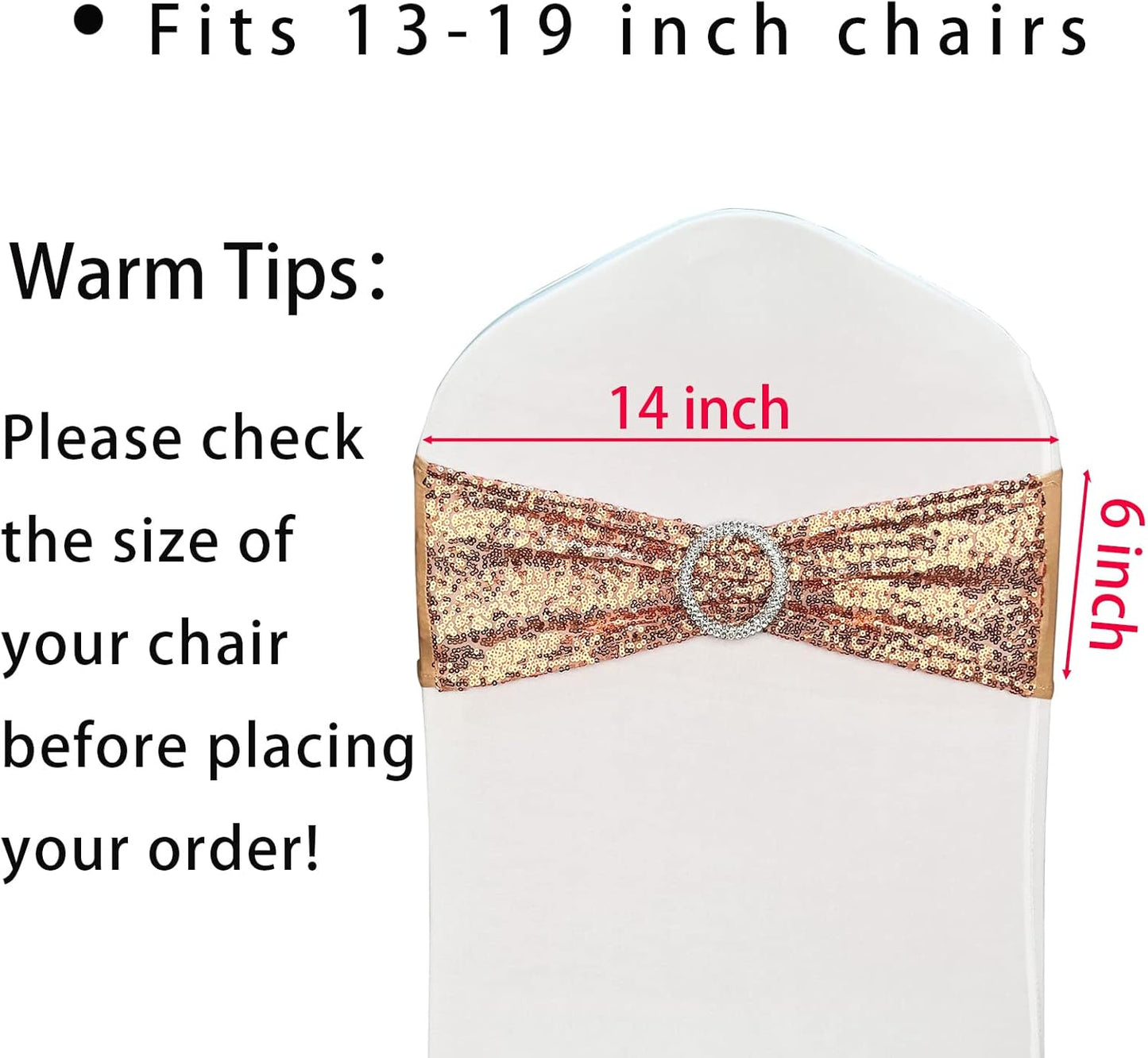 10 Pcs Sequin Chair Sashes Stretch Chair Bands Spandex Polyester Bows for Party Hotel Wedding Banquets Decoration - Rose Gold